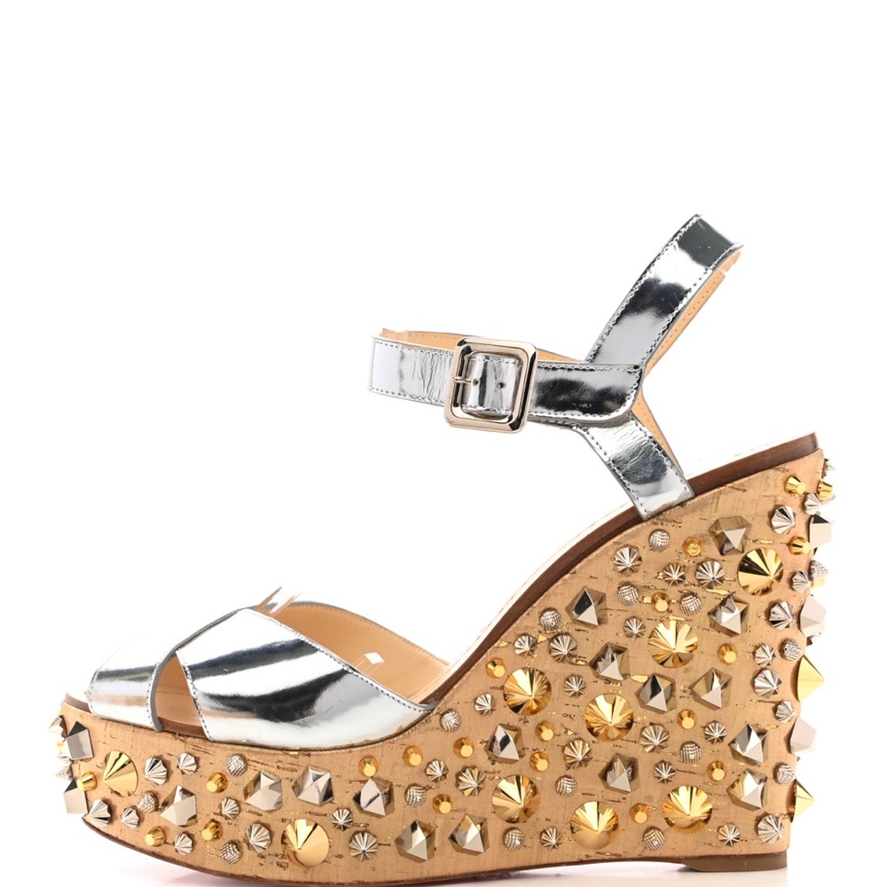 Christian Louboutin authentic Calfskin Lame Cork Almericca 120 Studded Wedge